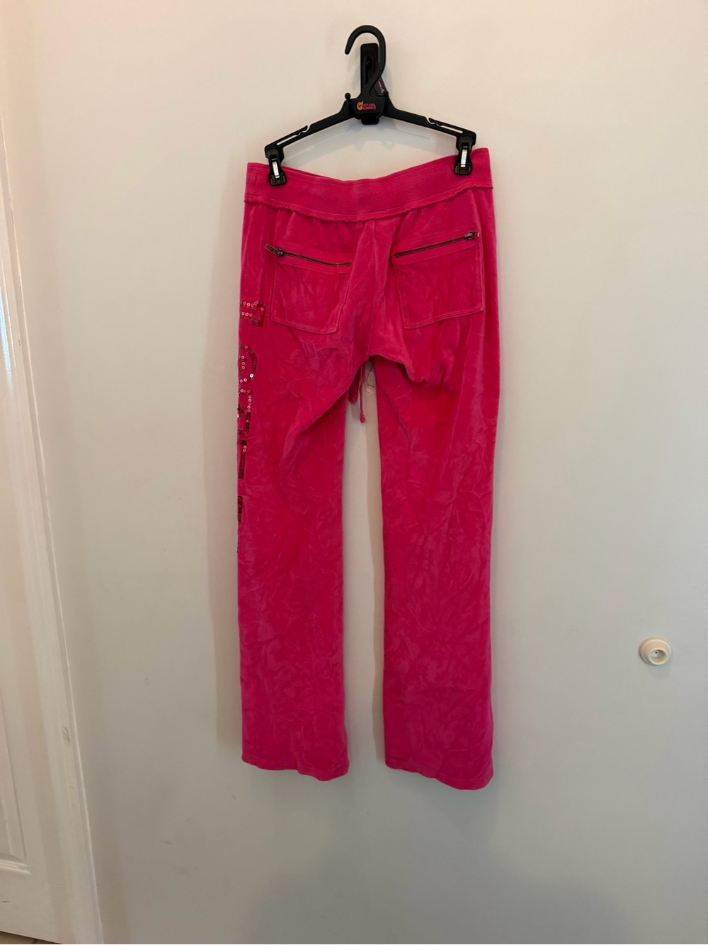 Vintage Hot Pink Velour Lounge Pants with Side Sequin Script - Picture 4 of 9